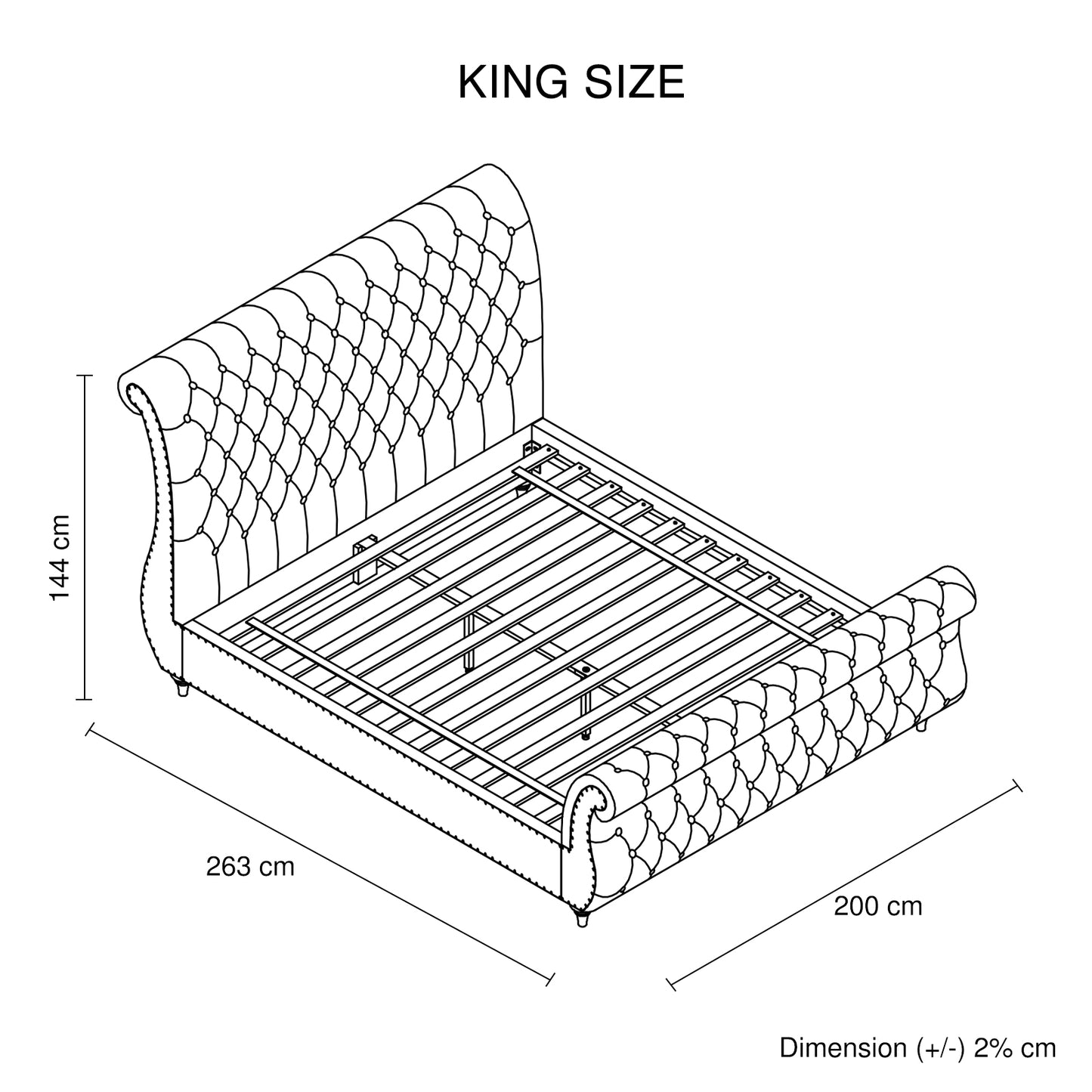 Galene Sleigh Bedframe Velvet Upholstery Tufted Headboard And Footboard Deep Quilting - Grey King