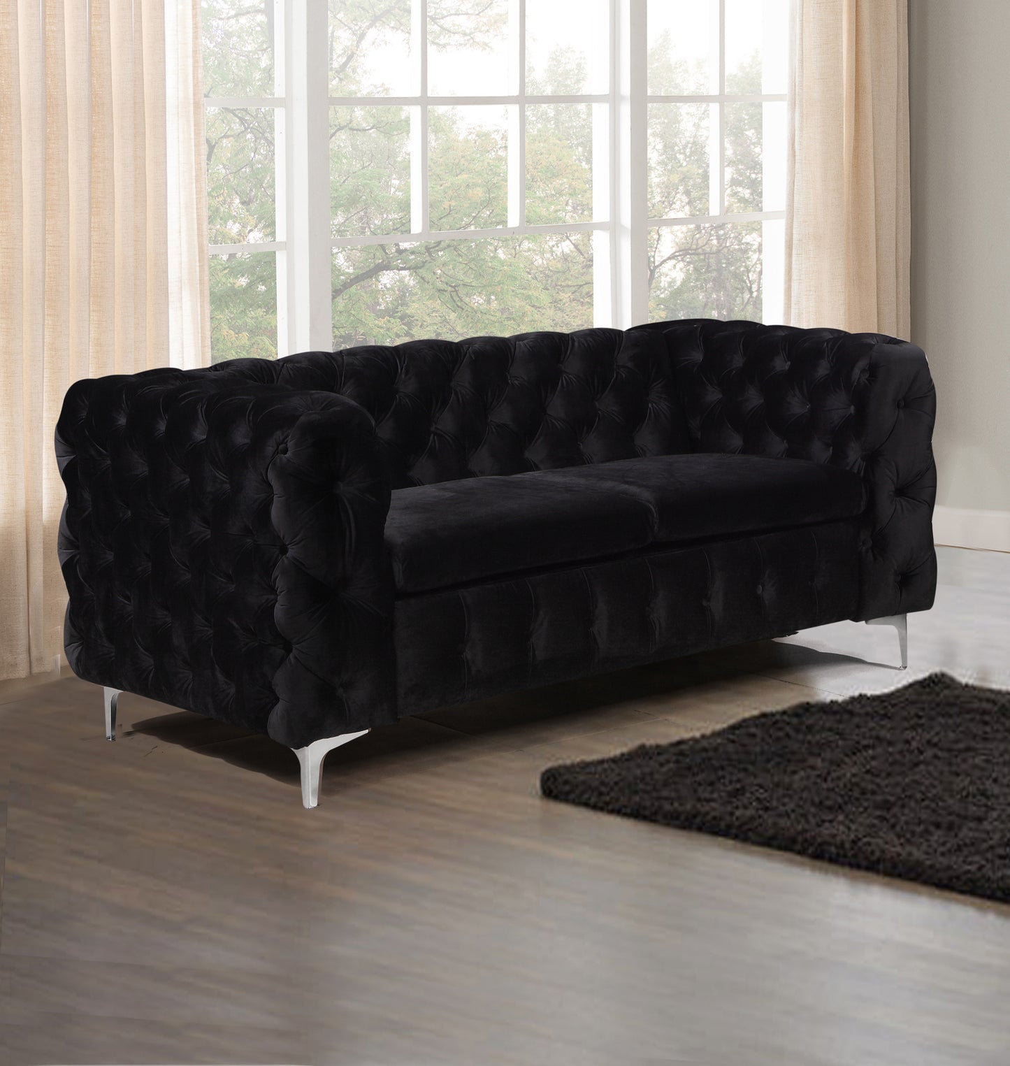 Mourd 2-Seater Sofa Classic Button Tufted Lounge Velvet Fabric with Metal Legs - Black