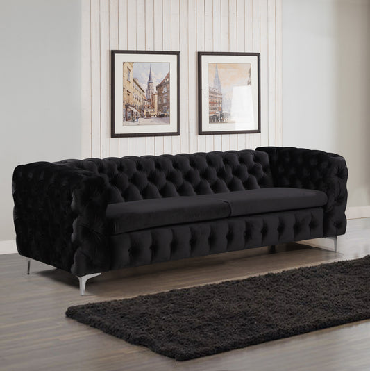 Mourd 3-Seater Sofa Classic Button Tufted Lounge Velvet Fabric with Metal Legs - Black
