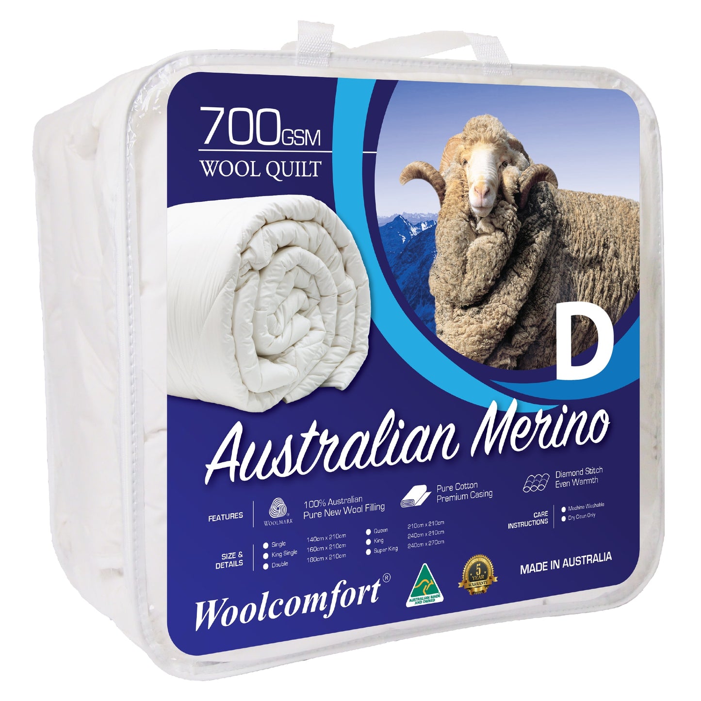 Double Woolcomfort AUS Made Merino Wool Quilt 700GSM 180x210cm