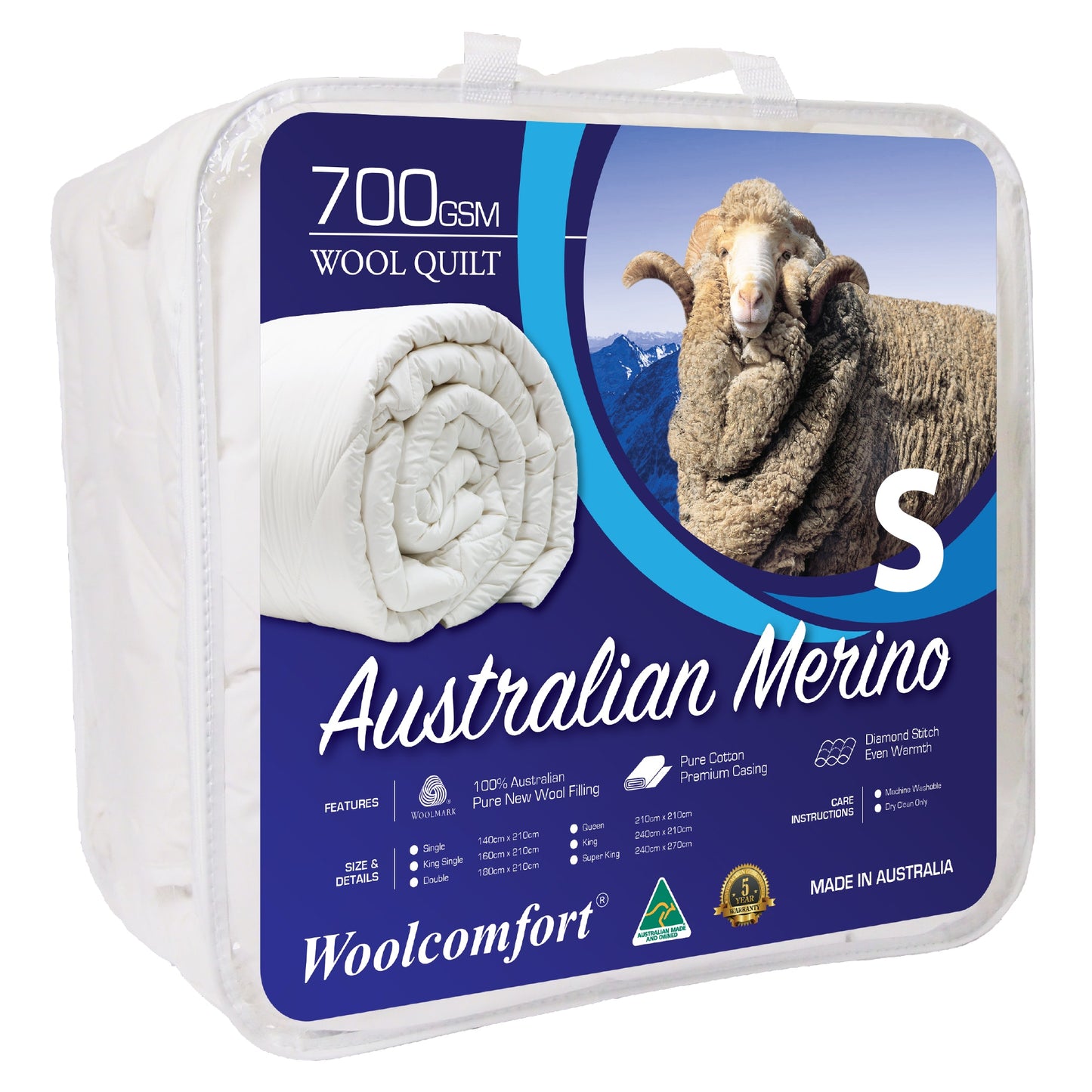 Single Woolcomfort AUS Made Merino Wool Quilt 700GSM 140x210cm