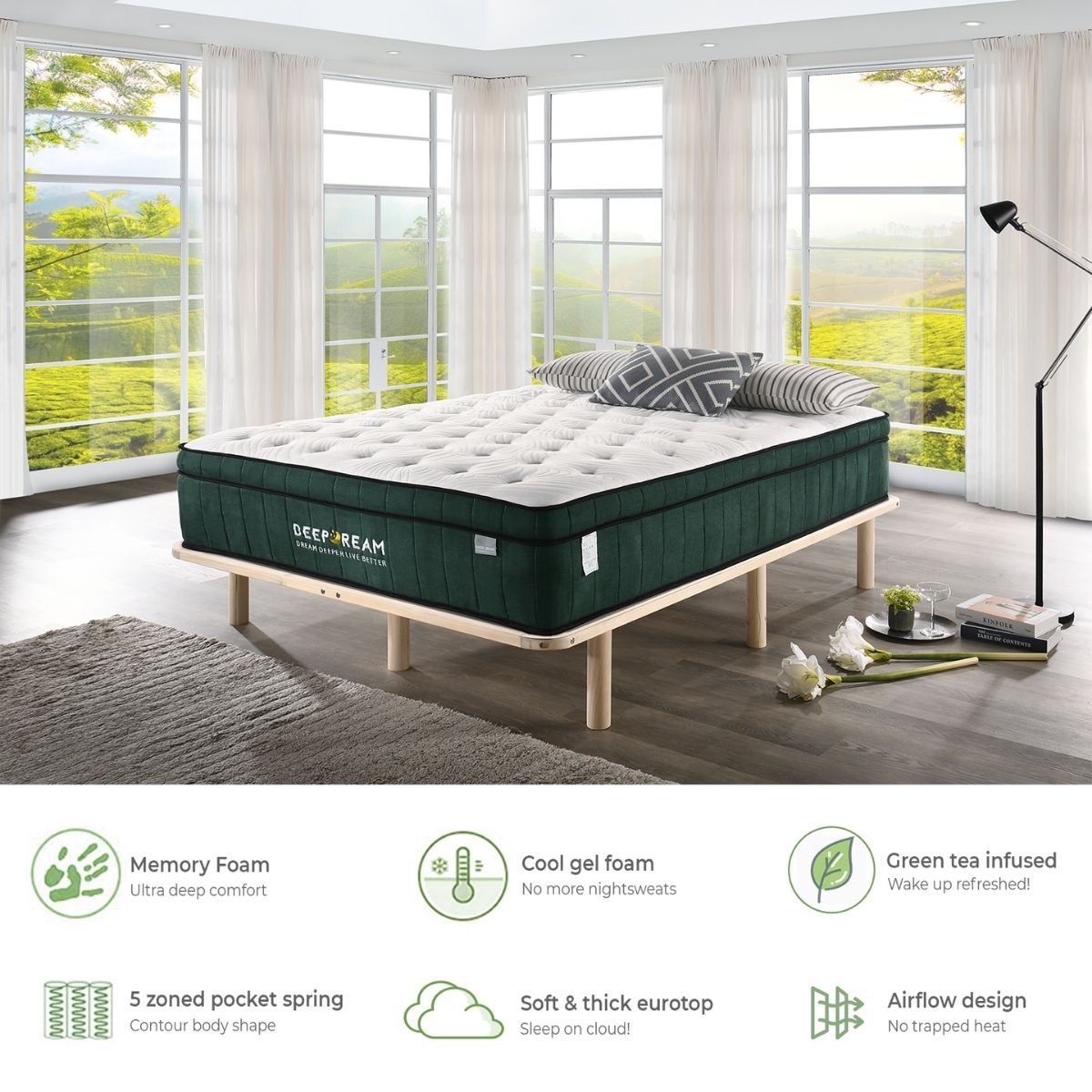 Lucian 36cm Green Tea Cool Gel Memory Foam Mattress 5 Zone - Double