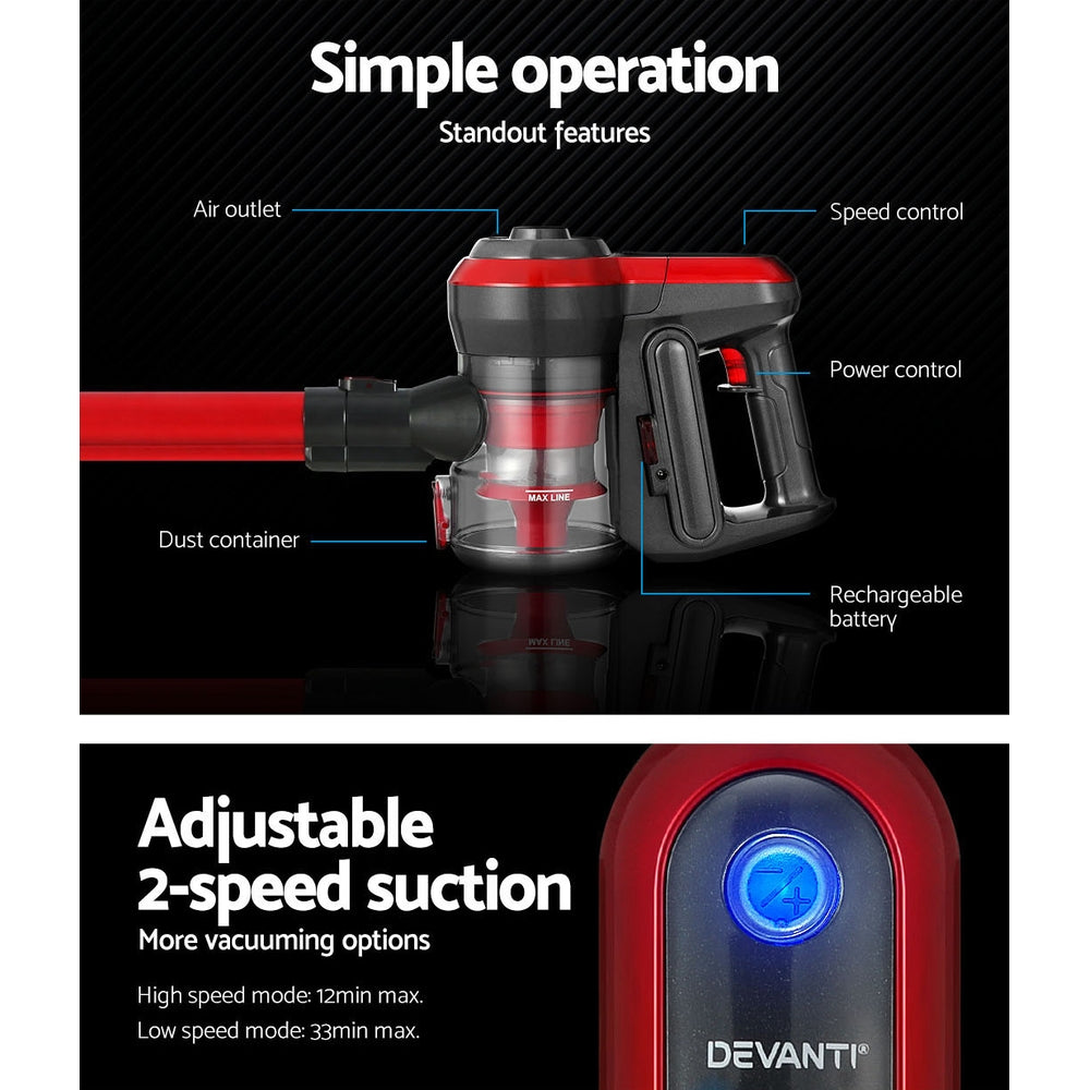 Devanti Stick Vacuum Cleaner Brushless Cordless 250W Red